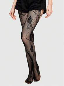 Goth 1條黑色玫瑰圖案吊帶連褲襪 - 黑色 - 查看 1