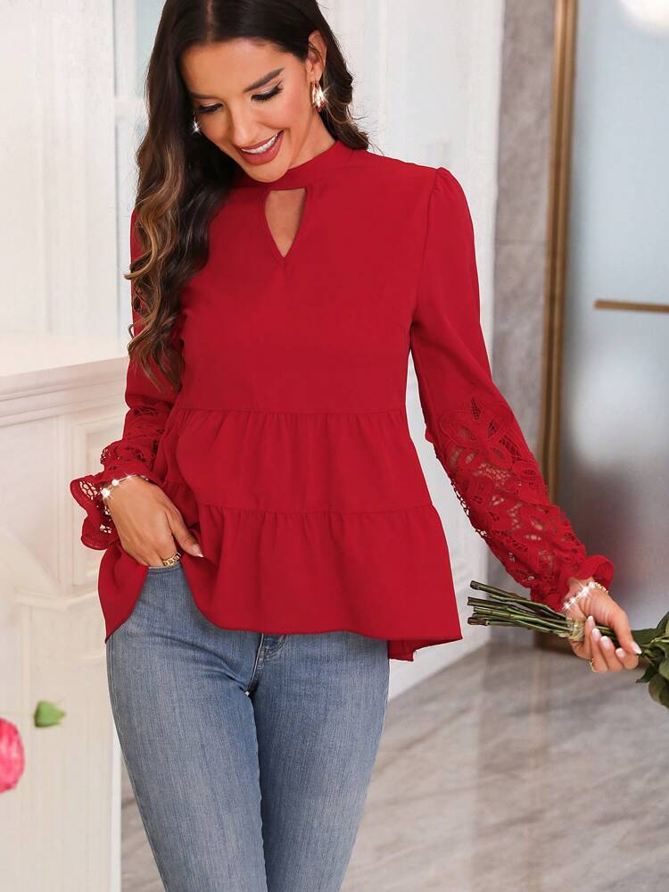 Women's Lace Cuff Splice Keyhole Collar Shirt