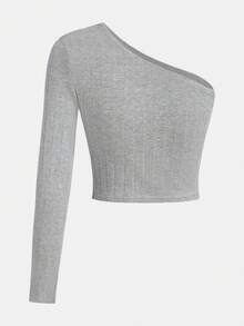 Teenage Girls' Knitted Solid Color One Shoulder Long Sleeve Casual T-Shirt - Light Grey - View 2