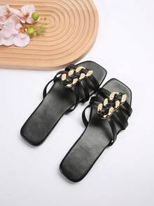 女性時尚休閒條紋平底涼鞋,金色扭轉鎖設計＆舒適行走設計,適用於家居和日常穿著 - 黑色 - 查看 3