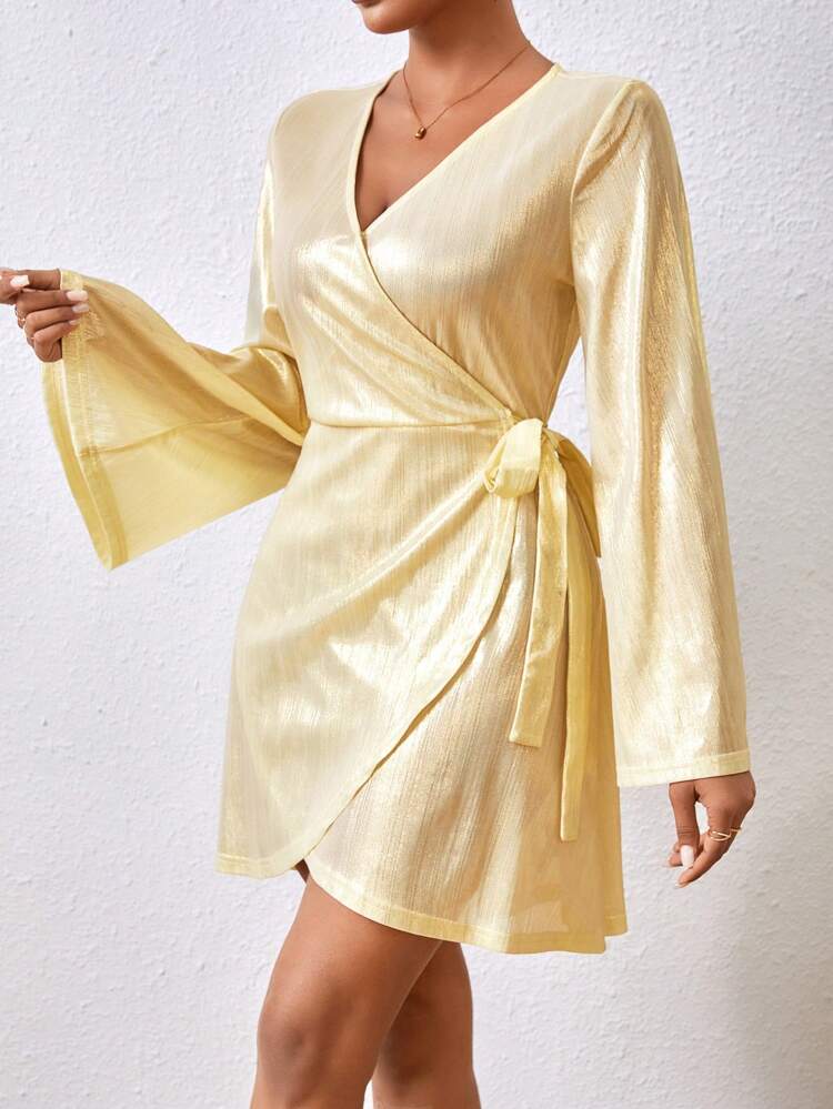 Women's Wrap Front Belted Flared Sleeve Dress