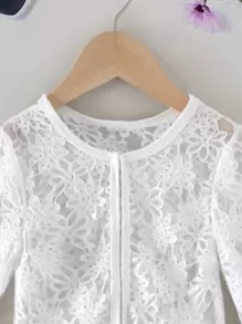 SHEIN Young Girl Floral Elegant Round Neck Cardigan With Lace Trim, Flower Girl Wedding Wear - White - View 4