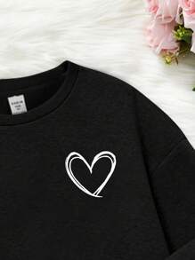 Tween Girls' Heart Print Casual Long Sleeve Sweatshirt And Sweatpants 2pcs/Set, Suitable For Autumn And Winter - Black - View 3