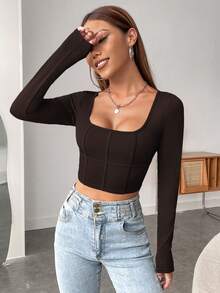 SHEIN EZwear Women's Slim Fit Compression Stripe Detail Square Neck T-Shirt - Brown - View 5