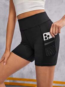 SHEIN 青少年女孩针织纯色撞色网眼短裤，带口袋，适合休闲穿着 - 黑色 - 查看 1