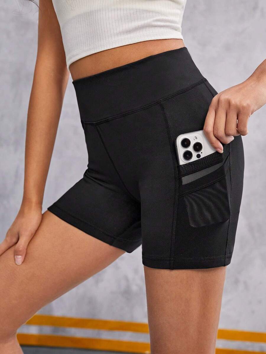 SHEIN 青少年女孩针织纯色撞色网眼短裤，带口袋，适合休闲穿着 - 黑色 - 查看 1