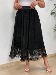 SHEIN Clasi 大尺碼高腰蕾絲覆蓋a字裙 - 彩色 - 查看 4