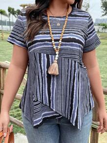 SHEIN LUNE Plus Size Stripe Short Sleeve Asymmetrical Hem T-Shirt - Multicolor - View 1