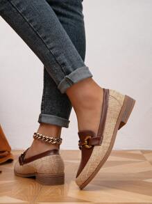 Women's Spring And Autumn Metal Buckle Round Toe Comfortable Color Block Flat Loafers