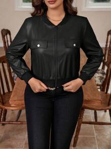 Flirla Plus Size Flip Detail Pu Leather Jacket - Black - View 5