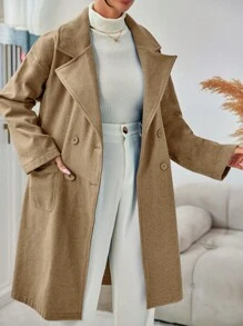 EURMUSE Women's Notched Collar Double Breasted Overcoat - Camel - View 1