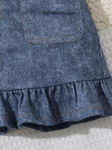 SHEIN 嬰兒女童休閒針織泡泡短袖上衣和牛仔印花裙套裝 - 藍色 - 查看 4