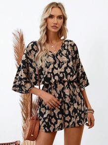 SHEIN LUNE Women's V-Neck Batwing Sleeve Backless Tie Bow Casual Vintage Printed Romper For Holiday - Multicolor - View 5