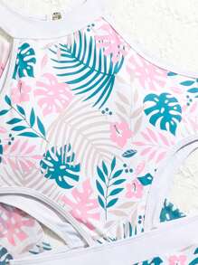 Teen Boys' Plant Pattern Printed Hollow Out Waist One Piece Swimsuit + Traditional Japanese Outfit - Multicolor - View 5