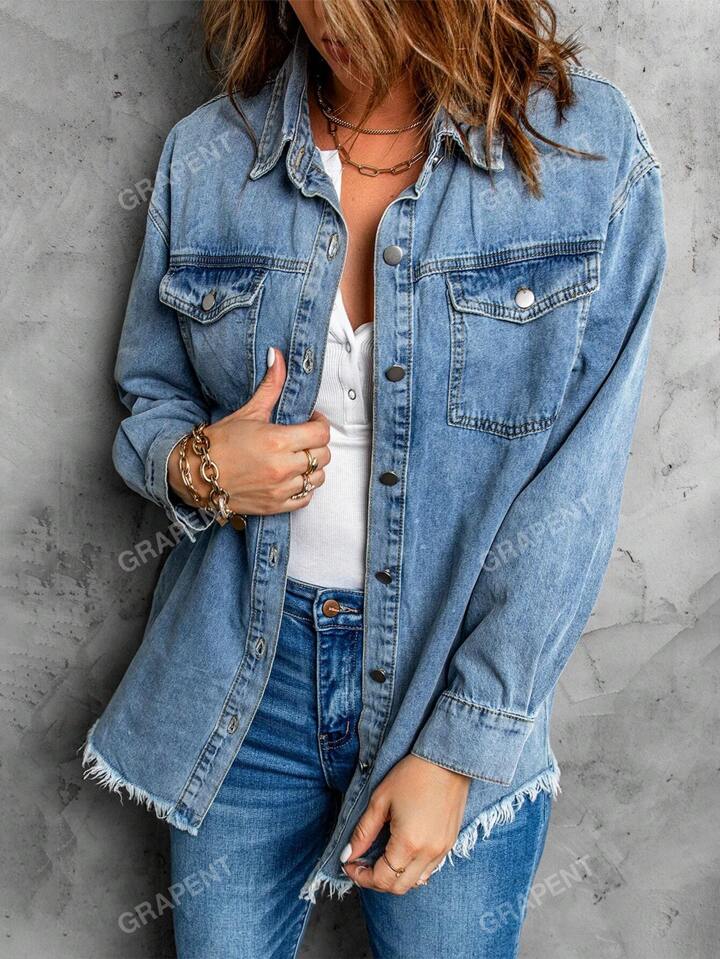 Women s Oversized Denim Jacket Casual Long Boyfriend Model Aged Denim Jacket SHEIN UK