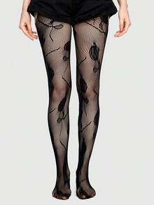 Goth 1條黑色玫瑰圖案吊帶連褲襪 - 黑色 - 查看 3