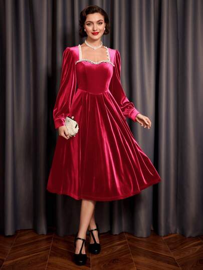 Vintamour Vintage Party Christmas Women Velvet Hem Flare Dress