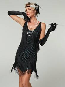 Women's V-Neck Vintage Sequins Splice Tassel Party Dress Elegant Cocktail Semi Formal Prom Wedding Guest Dress, Homecoming Spring Black Fall - Black - View 5