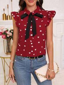 SHEIN Clasi 女色塊領結細部心形印花襯衫 - 紅色 - 查看 6