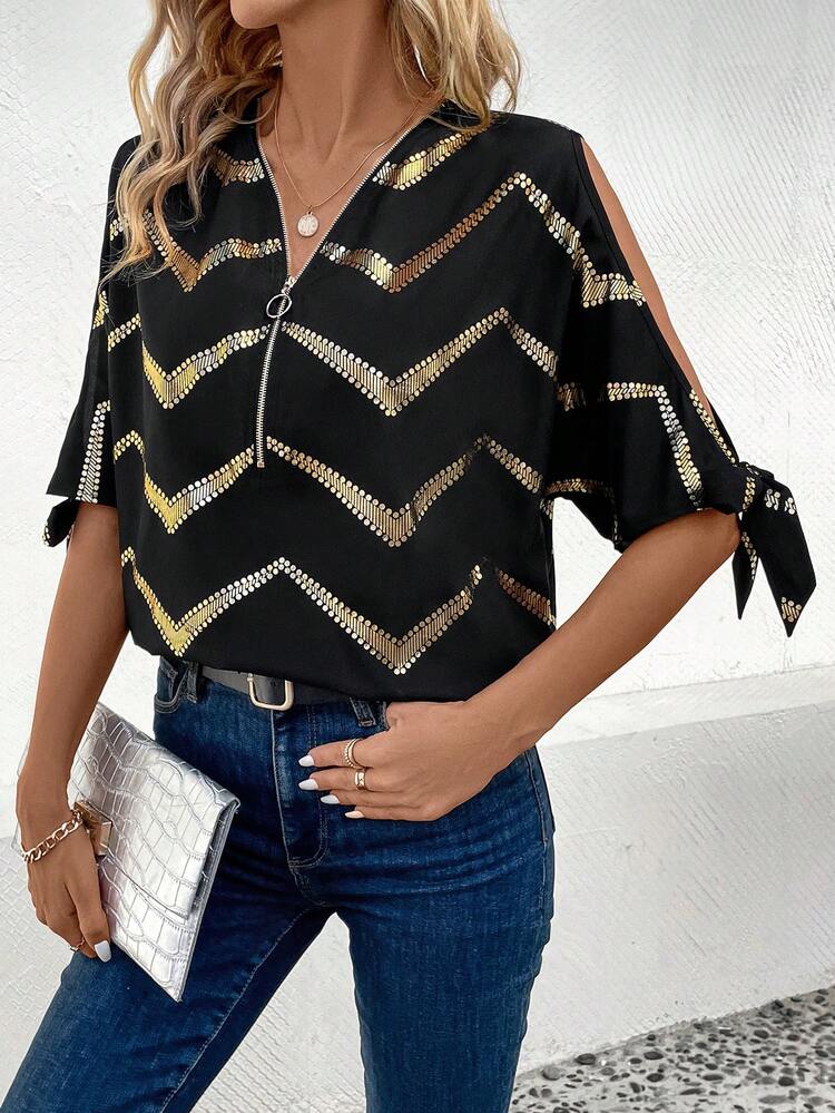 Women's Gold Striped Zipper Half-Placket Shirt