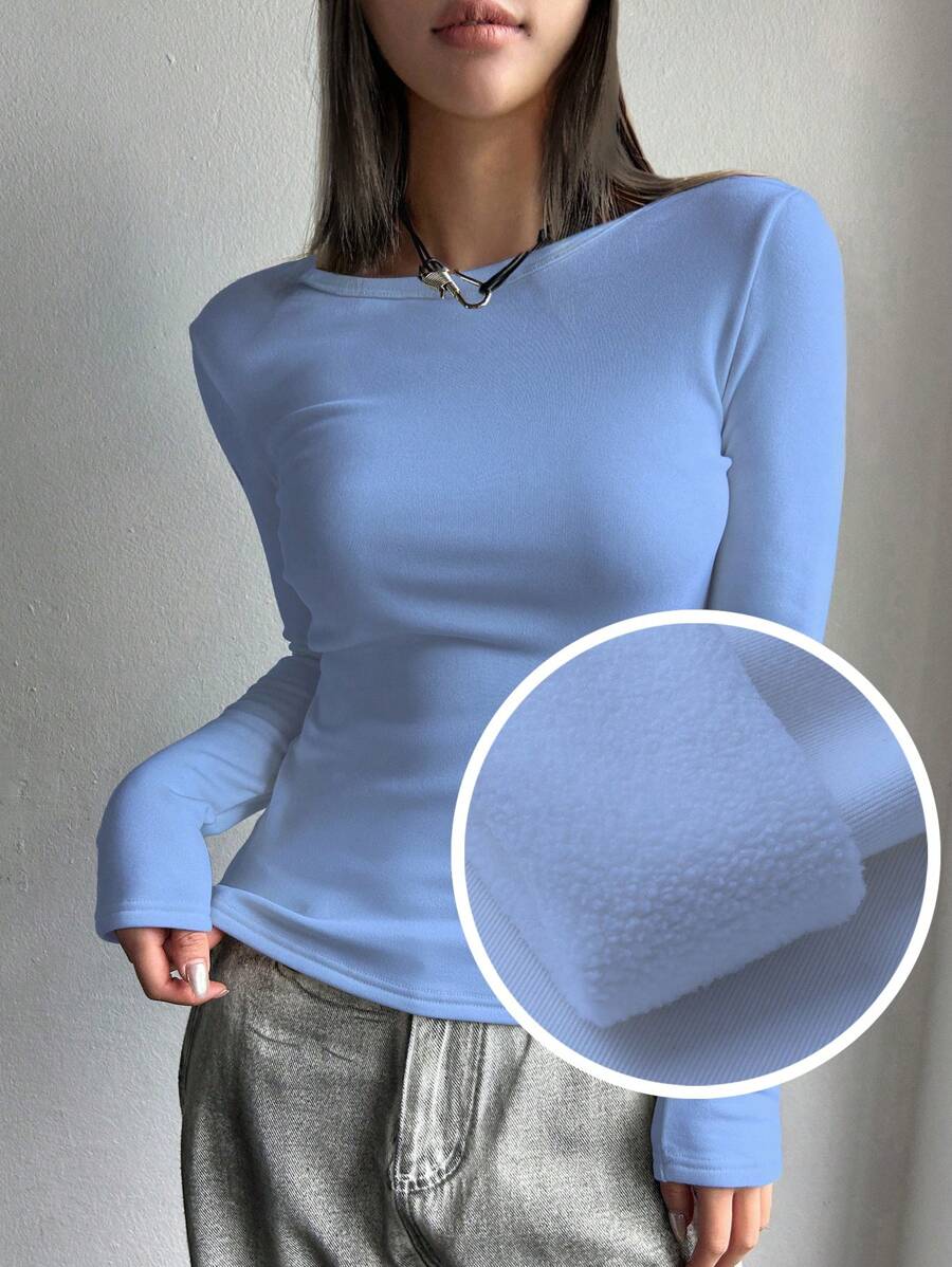 DAZY Solid Boat Neck Thermal Tee Long Sleeve Women Tops,Thermal Lined - Blue - View 1