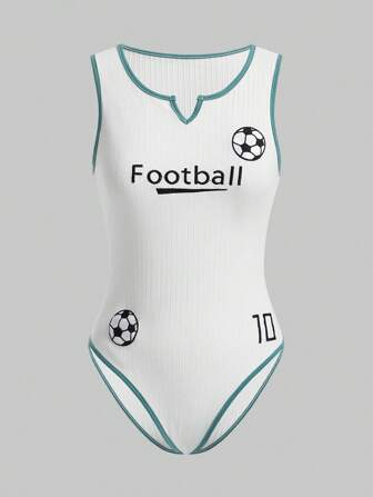Kawaii Bodysuit Sans Manches À Encolure En V Et À Blocs De Couleur Brodés De Lettres Et De Football Avec Des Bordures Contrastées