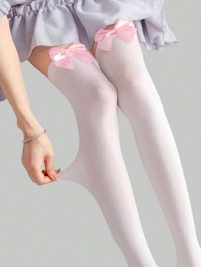 Kawaii 1pair Women'S Knee High Socks With Pink Bow For Valentine'S Day, All Seasons, Halloween