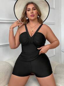 SHEIN Swim Curve Plus Size Women's Ruched Tank Bikini Set Music Festival - Black - View 5