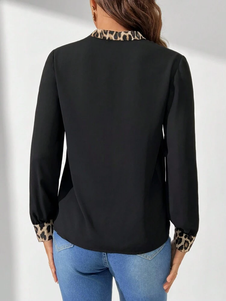 Women's Leopard Print Notch Collar Blouse