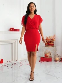 SHEIN Lady 女式裹領開衩下擺連身裙 - 紅色 - 查看 5