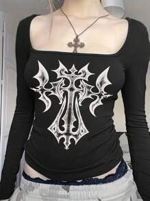 INAWLY Camiseta de manga larga con cuello redondo y estampado en estilo gótico para mujeres, para primavera y otoño - Negro - Ver 1
