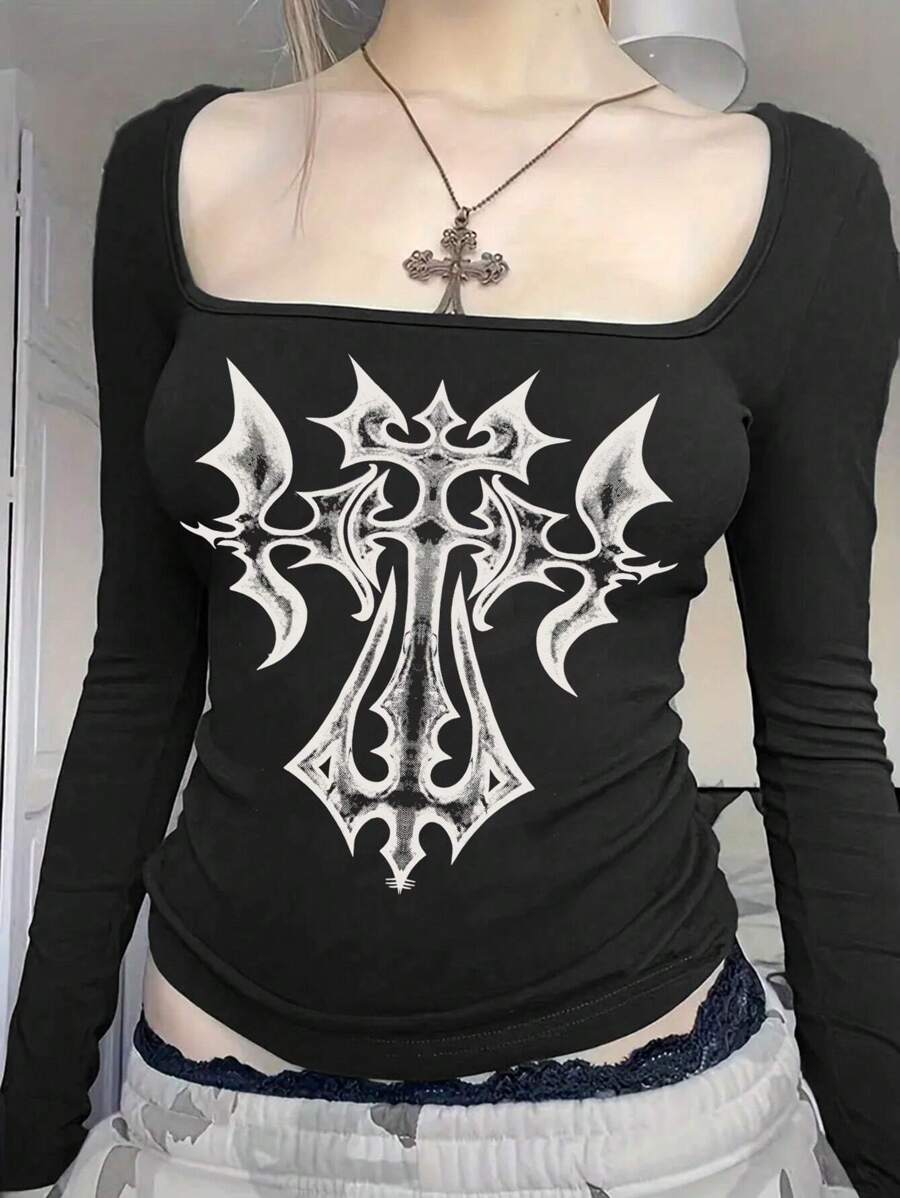 INAWLY Camiseta de manga larga con cuello redondo y estampado en estilo gótico para mujeres, para primavera y otoño - Negro - Ver 1
