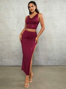 SHEIN BAE Valentinstag Hoher Schlitz Roter Strass Frauen Langer Rock