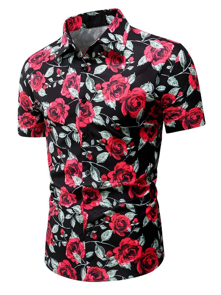 Manfinity Homme Camisa Masculina Com Estampa De Rosas Por Toda Parte - Multicolorido - Visão 4