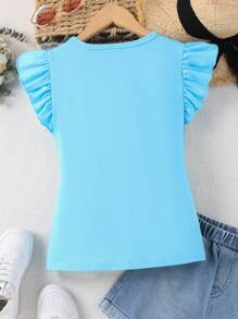 Camiseta azul de manga corta con decoración de lazo, perfecta para vestimentas casuales de verano para niñas preadolescentes - Celeste - Ver 2