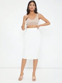 SHEIN BASICS 素色鉛筆半身裙 - 白色 - 查看 3