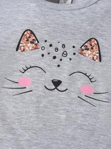 Elladie kids Young Girls Cute Cat & Smiling Face Print Denim-Effect T-Shirt & Pants 2Pcs Set, Suitable For Casual, Sports, Daily Wear In Summer - Multicolor - View 3