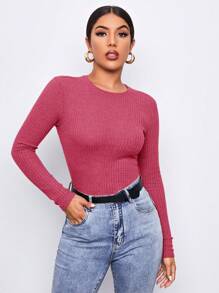 SHEIN Essnce Của phụ nữ Vòng cổ Tay áo dài Áo thun - Màu Hồng Tươi - Xem 1