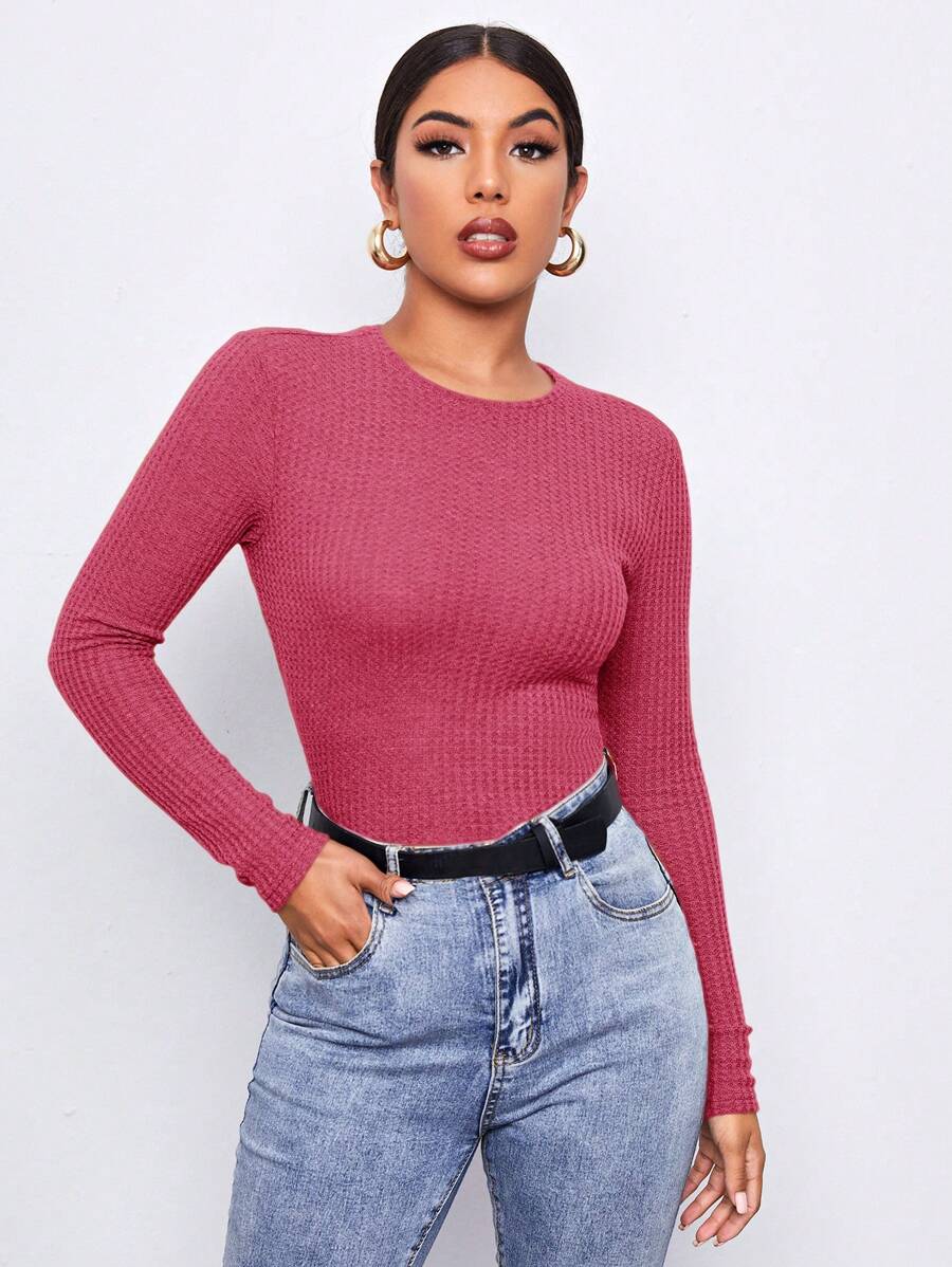 SHEIN Essnce Của phụ nữ Vòng cổ Tay áo dài Áo thun - Màu Hồng Tươi - Xem 1