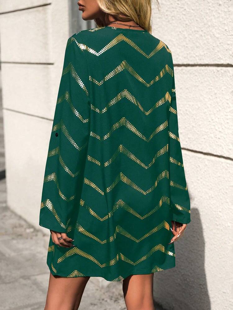 V-Neck Zipper Half Placket Long Sleeve Dress With Gold Print