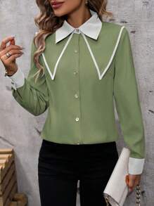 SHEIN Frenchy 女士對比色法式復古襯衫 - 綠色 - 查看 6