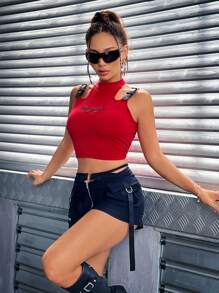 SHEIN ICON Y2k復古的扣帶裝飾紅色空心肩部短袖背心上衣