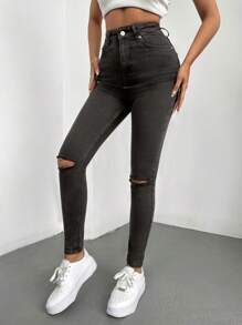 Cottnline Women'S Slim Fit Distressed Jeans - Dark Grey - View 4