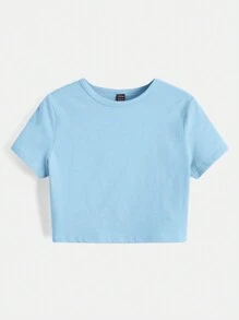 SHEIN BASICS Women's Round Neck Cropped T-Shirt - Baby Blue - View 5