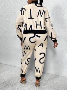 Maweii 大尺碼字母印花拉鍊夾克和長褲套裝 - 米色 - 查看 2
