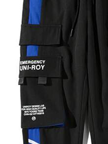 Pantalones Cargo Para Hombre Con Parche De Impresión De Letra - Azul - Ver 3