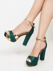 Women's Platform Chunky Heel Waterproof Dress Sandals With Metallic Decoration, Elegant