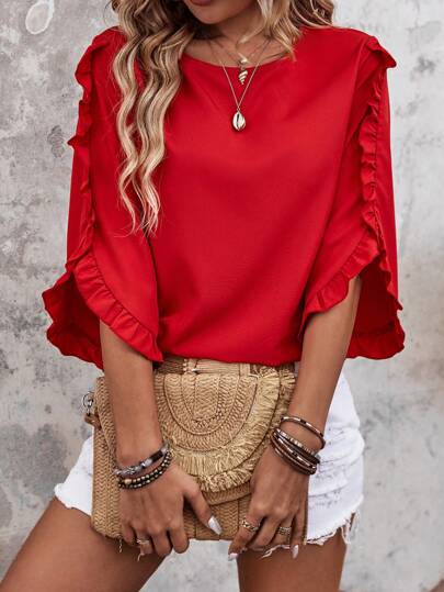  EMERY ROSE Women's Casual Christmas And New Year Red Crewneck Sweater With Ruffle Trim, Casual Ruffle Three-Quarter Sleeve Crewneck Loose Regular Fit In Redwood Color, Suitable For Daily Wear In Spring And Autumn, Office Commuting, And Elegant Parties.
