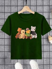 Young Boy Cartoon Bear Printed T-Shirt - Dark Green - View 1