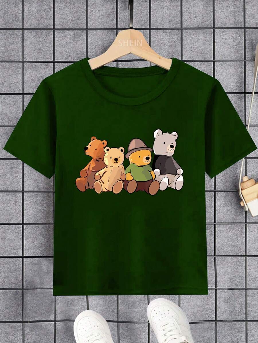 Young Boy Cartoon Bear Printed T-Shirt - Dark Green - View 1